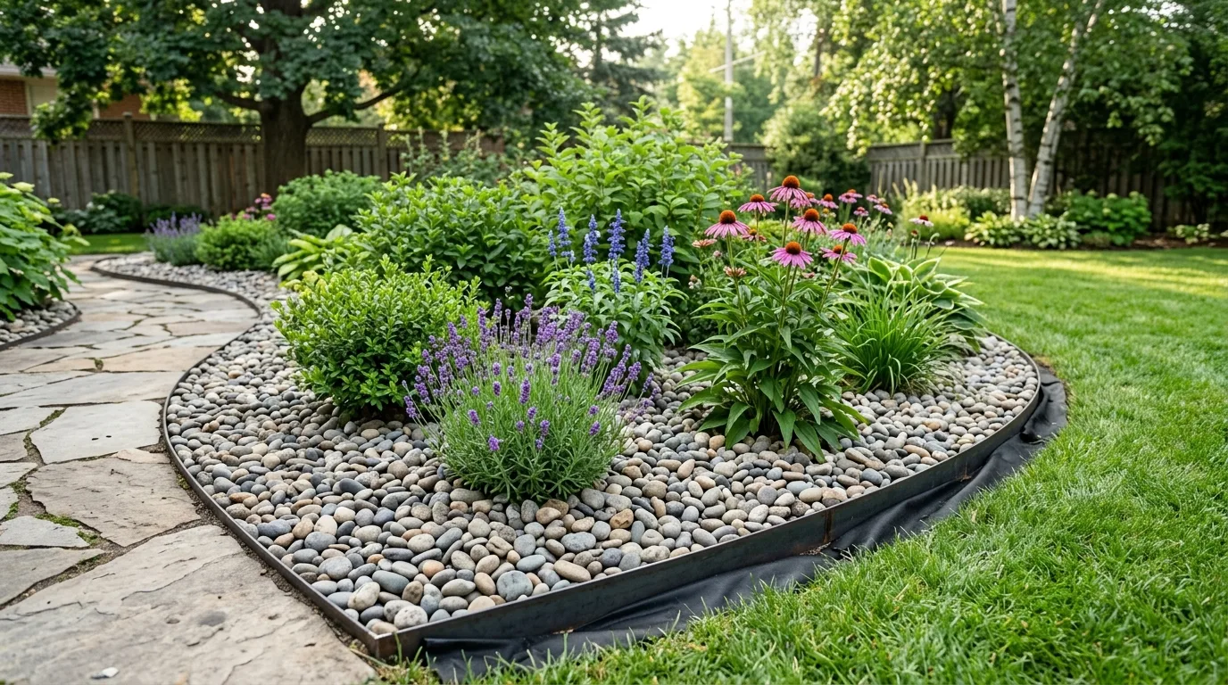 Garden bed covered with 1-2 inch river rock as mulch alternative