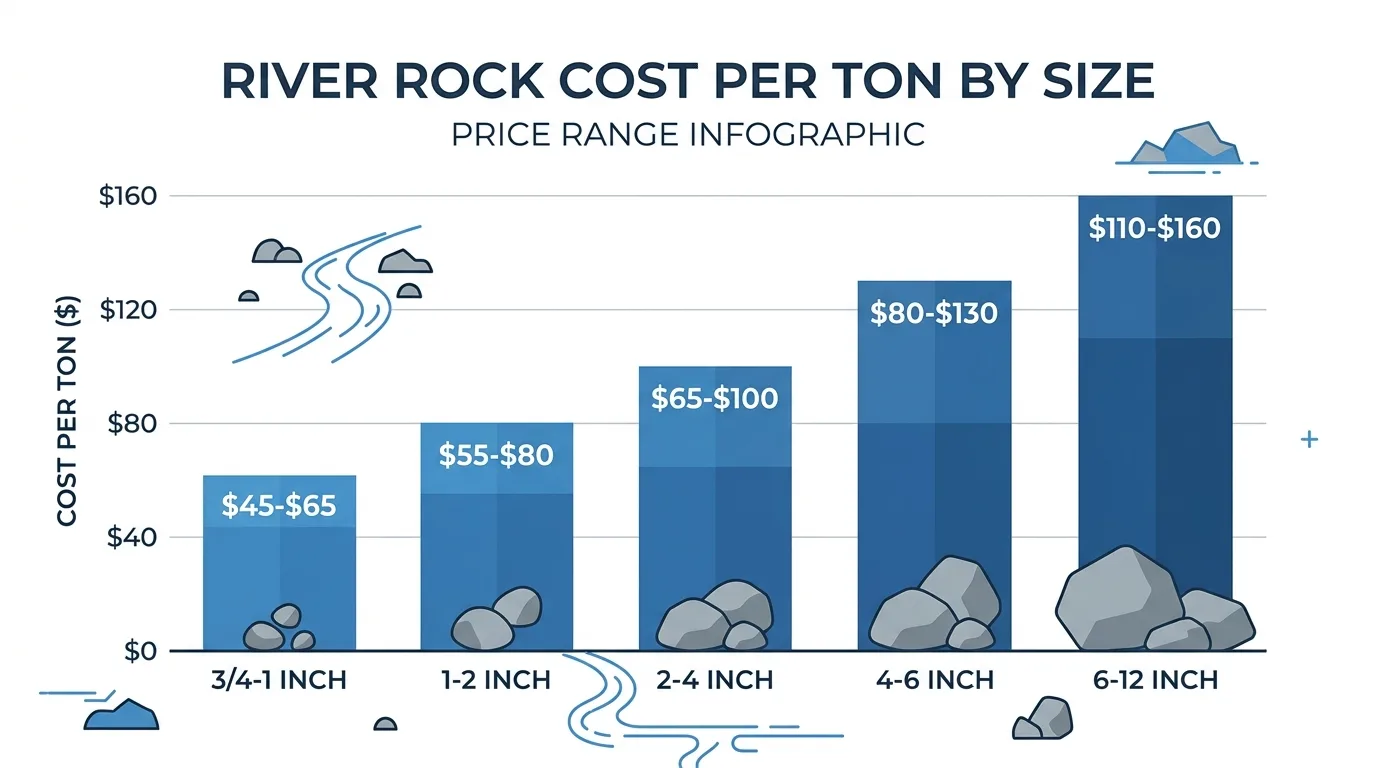 Bar chart showing river rock cost per ton by size from $45 for 3/4 inch to $110 for cobble
