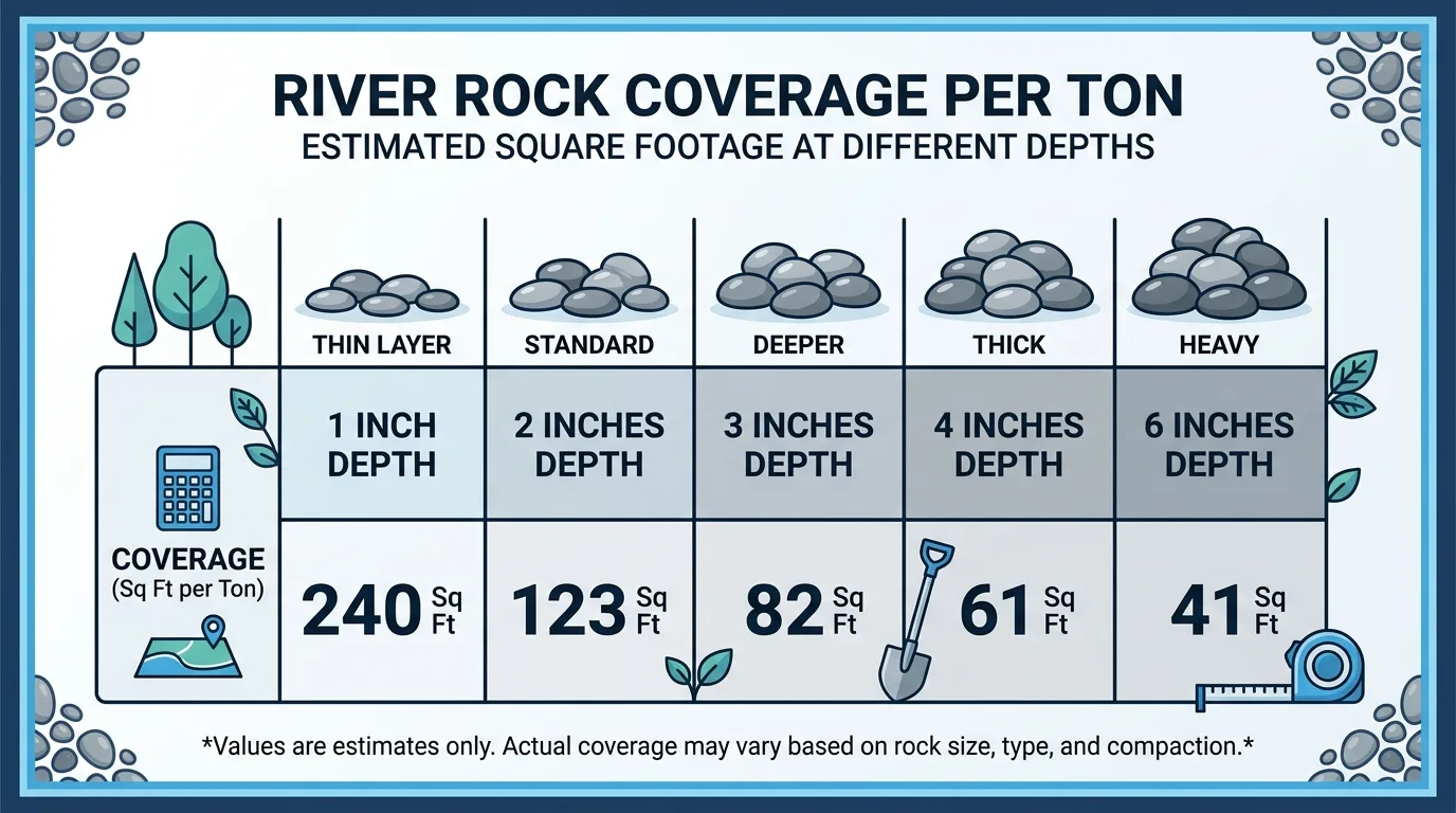 River rock coverage chart showing square feet per ton at different depths