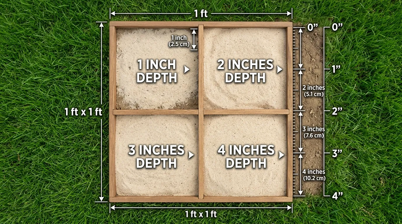 Sand coverage chart showing how many square feet one ton covers at different depths for play sand, mason sand, concrete sand, and fill sand