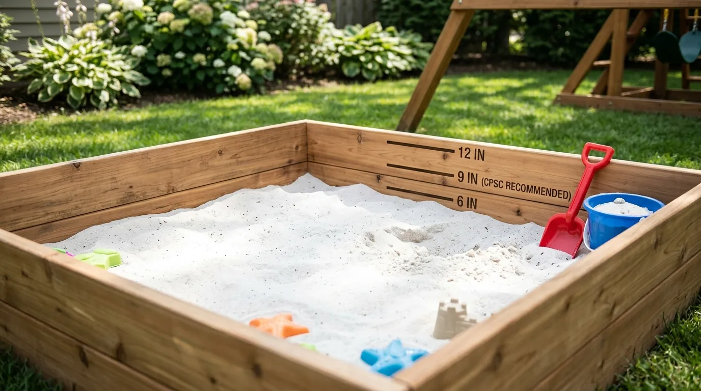 Children's sandbox filled with clean white play sand showing recommended depth markers from 6 to 12 inches