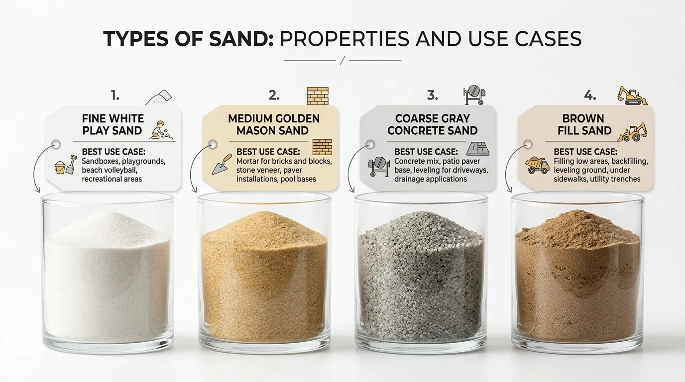 Comparison of four sand types: fine white play sand, golden mason sand, coarse concrete sand, and brown fill sand