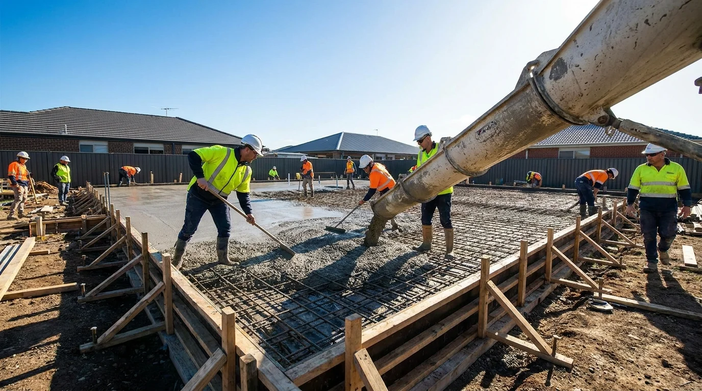 Concrete slab foundation being poured for a residential home with rebar reinforcement visible